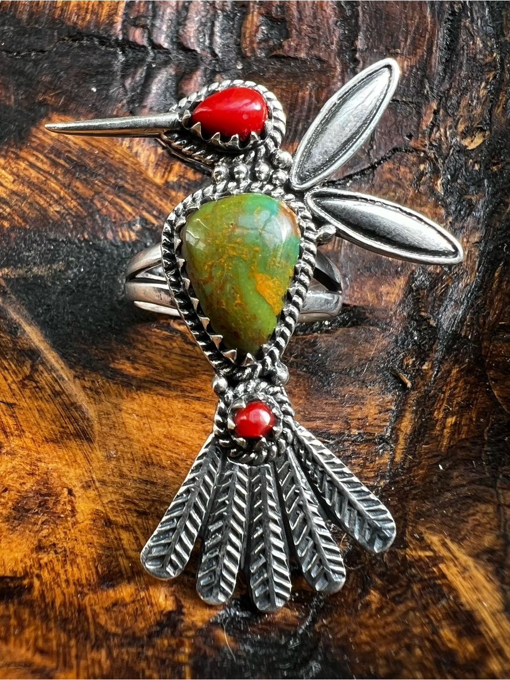 Hummingbird Ring Kingman Turquoise Red Coral Sterling Silver Size 7